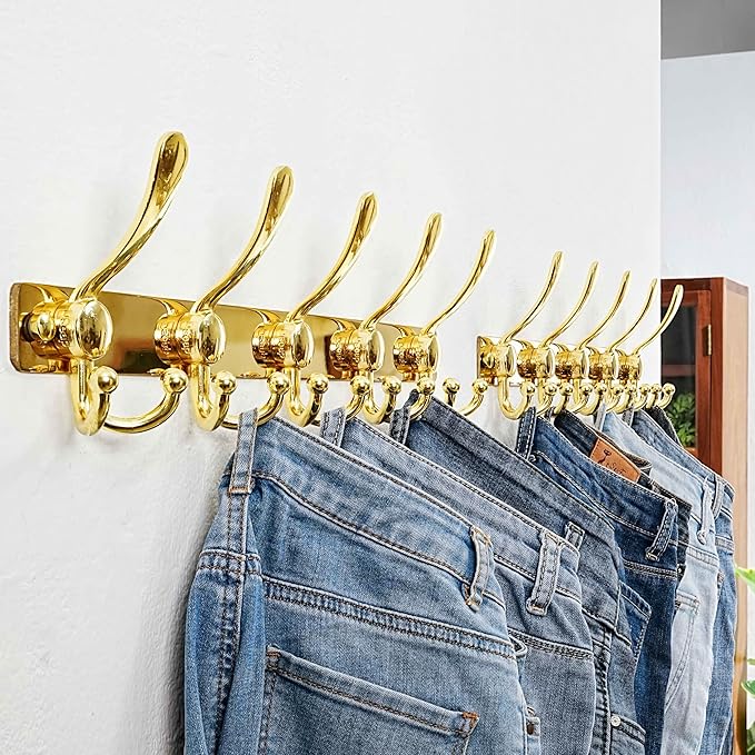 Dseap Coat Rack Wall Mount 2.0 Pro: Heavy Duty 300% Thicker, 16" Stud Mount, Stainless Steel Wall Coat Hooks Hanger for Clothes Jackets Hats Entryway Closet, MaxStrong Series, Gold