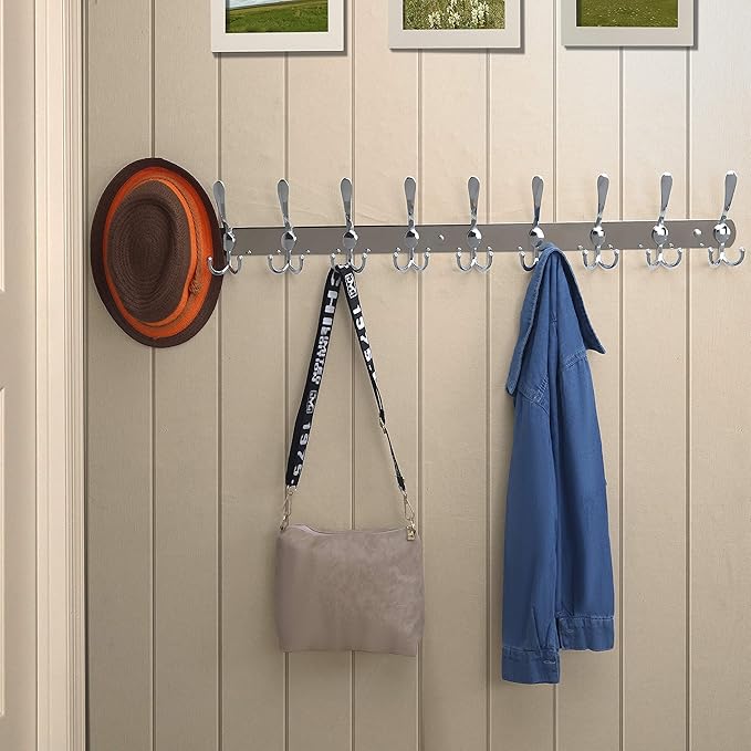 Dseap Coat Rack Wall Mount - 38” Long 10-Tri-Hooks Heavy Duty Coat Hanger Rail Wall Hooks for Hanging Coats Hats Clothing Clothes Purse Mudroom Entryway, Chromed-NeatNest