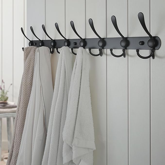Dseap Coat Rack Wall Mount - 29.5” Long 8-Tri-Hooks Heavy Duty Coat Hanger Rail Wall Hooks for Hanging Coats Hats Clothing Clothes Purse Mudroom Entryway, Black-NeatNest