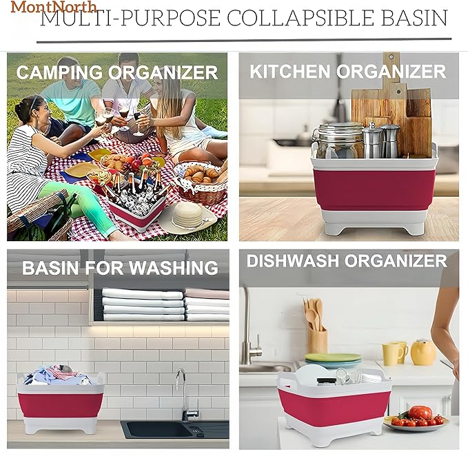 Collapsible Wash Basin 9L, Foldable Dish Tub with Drain Plug, Portable Collapsible Dish Basin, Camping Sink for Washing Dishes, Laundry & Kitchen Use (Viva Magenta)-NeatNest