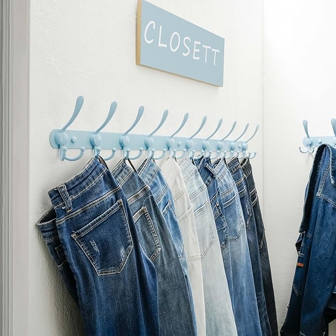 Dseap Coat Rack Wall Mount - 38” Long 10-Tri-Hooks Heavy Duty Coat Hanger Rail Wall Hooks for Hanging Coats Hats Clothing Clothes Purse Mudroom Entryway, Blue, Pack of 2-NeatNest