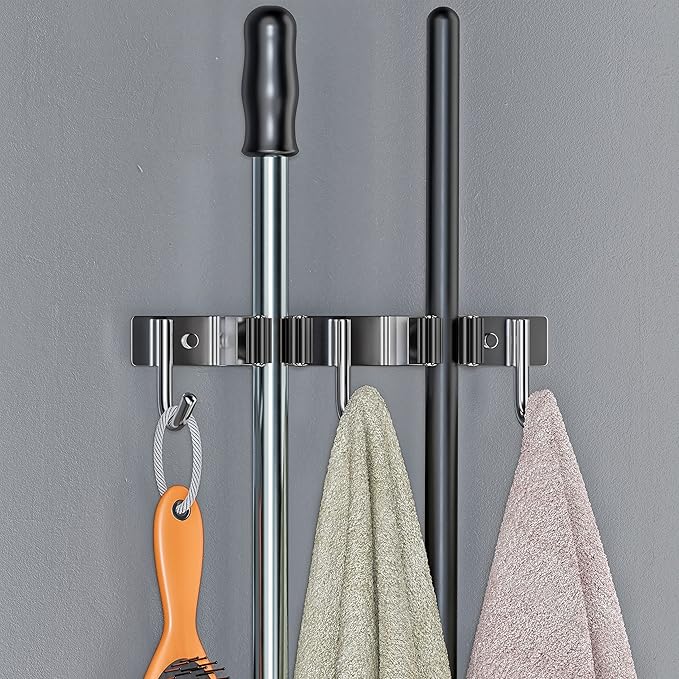 Heavy Duty Broom and Mop Holder Wall Mounted with 2 Rubber Grip Slots & 3 Utility Hooks – SUS304 Stainless Steel, Waterproof, Self Adhesive or Drill Mount, for Garage, Laundry, Kitchen Use, 2 Pcs-NeatNest