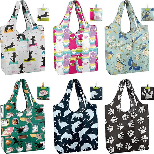 BeeGreen Reusable Grocery Bags 6 Pack, Heavy Duty Totes for Women, Foldable Grocery Bag Large Shopping Totes with Handles for Work, Travel, Gift, Store, Polyester Washable Reusable Tote Bag-NeatNest