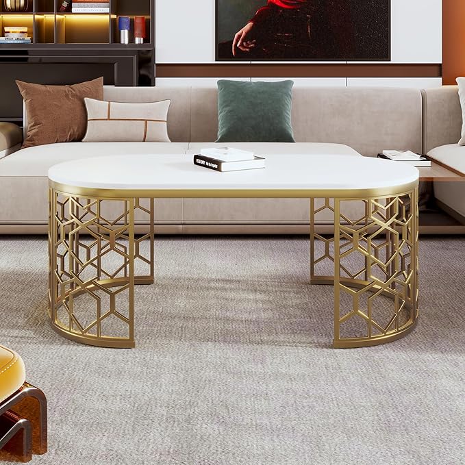 47.2" Modern Oval Coffee Table with Cut-Out Pattern Metal Stainless Steel Frame Multiple End Tables Sofa Table Utility Table for Living Room Office Bedroom Balcony, White & Gold