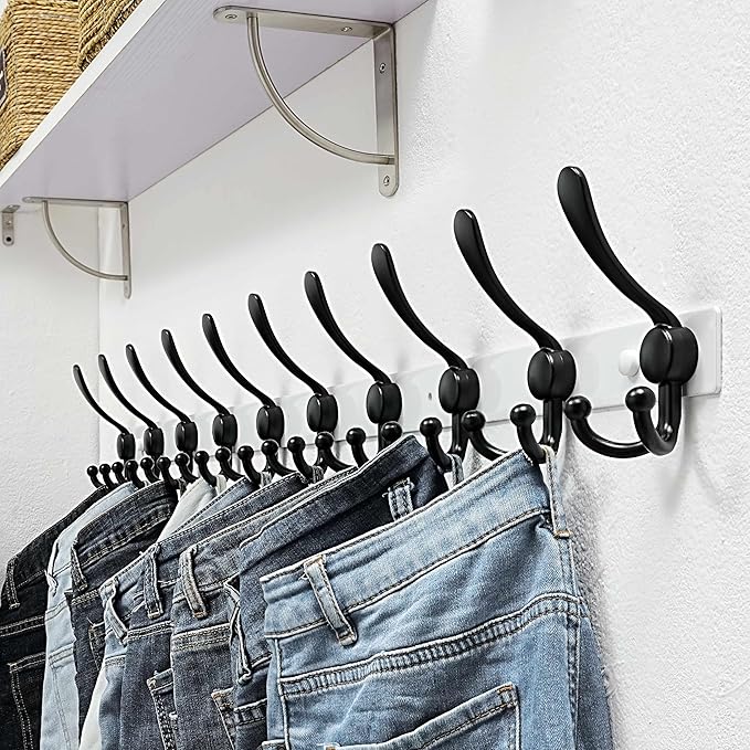 Dseap MaxStrong 2.0 Coat Rack Wall - 37” Long 10 Tri Hooks - Ultra Heavy-Duty Stainless Steel Wall Mount Coat Hanger, Hook Rail for Clothes Hats Jacket Towels White & Black, Pack of 2