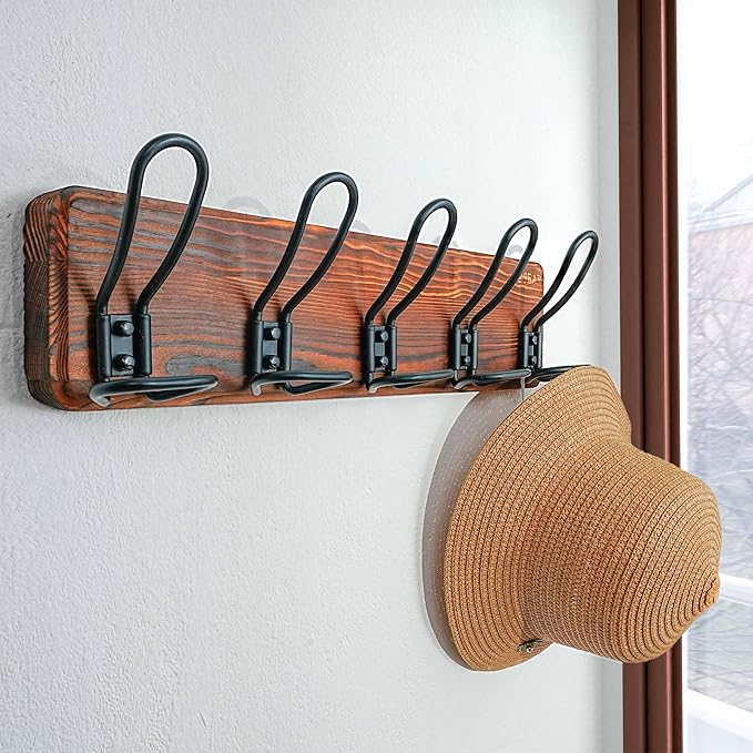 Dseap Coat Rack Wall Mounted - Heavy Duty Farmhouse Rustic Wall Coat Hanger with 5 Wire Hooks for Clothes Hat Jacket Towel, RusticWire, G25A, Rustic Brown & Black-NeatNest