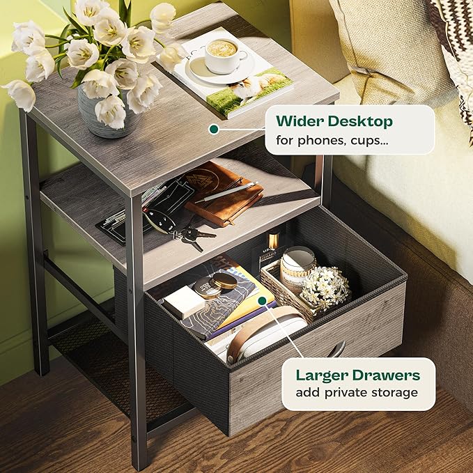 Huuger Nightstand Set of 2, Night Stand with Fabric Drawer, Mesh Shelf, Side Table with Storage, Fabric Drawer Dresser, Open Shelf, Metal Frame, Bedroom, Oak