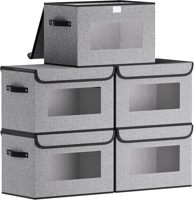 Fabric Basket with Lid, 5-Pack Decorative Linen Closet Organizers Bins, 15 x 9.8 x 9.8 inch Storage Containers for Shelves, Cubes with Handles, Gray