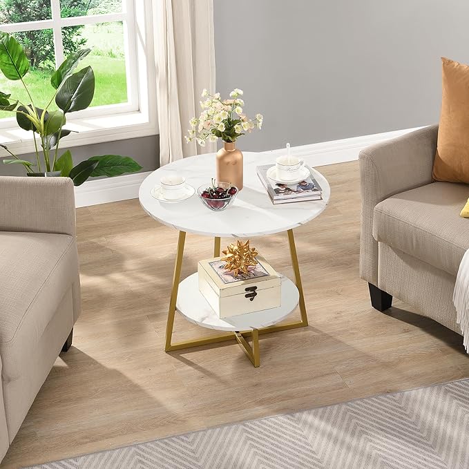 D&H FURNIMMT 20" Living Room Side Table Set of 2 for Small Spaces, 2 Tier Wood Top Round End Tables with Storage Shelf, Accent Sofa Table for Bedroom, Office, Sunroom, Balcony, White Faux Marble/Gold-NeatNest