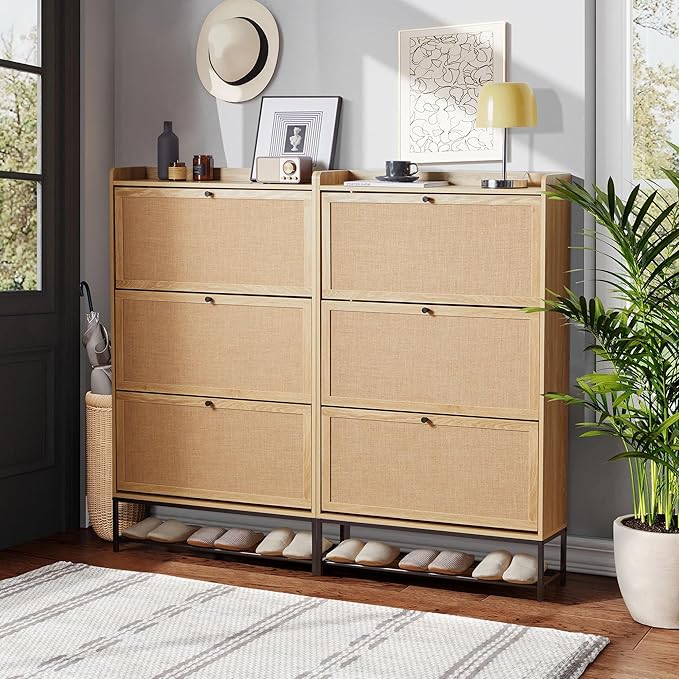 LEVNARY Shoe Storage Cabinet with 3 Flip Drawers, Freestanding Shoe Cabinet Storage Organizer for Entryway, Wooden Narrow Shoe Racks Cabinet with Metal Legs for Hallway (Natural Oak)-NeatNest