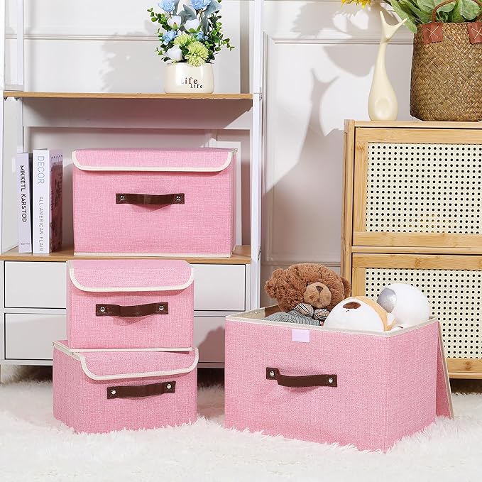 ANMINY 2PCS Storage Bins with Lid PU Leather Handles Storage Boxes PP Plastic Board Decorative Foldable Lidded Cotton Linen Fabric Home Cubes Baskets Closet Organizer Containers - Pink, Small Size-NeatNest