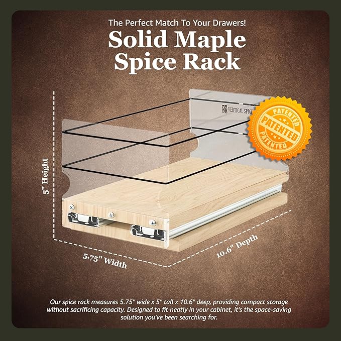 Vertical Spice Solid Maple Storage Rack Drawer - Sliding Spice Rack - Pantry Organizers and Storage - Kitchen Cabinet Organizer - Pull Out Shelf - Made in USA - 1 Drawer (5.75" W x 5.0" H x 10.6" D)