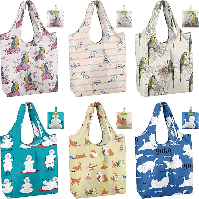 BeeGreen Reusable Grocery Bags 6 Pack, Heavy Duty Totes for Women, Foldable Grocery Bag Large Shopping Totes with Handles for Work, Travel, Gift, Store, Polyester Washable Reusable Tote Bag-NeatNest