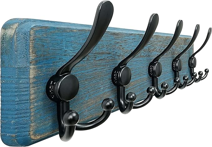 Dseap Coat Rack Wall Mount - Heavy-Duty Robust Barnwood-Style Wooden Wall Coat Hanger Hook Rail with 5 Triple Hooks for Winter Coats Hat Jacket Clothing, Weathered Blue & Black