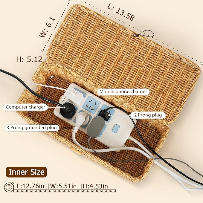 Cable Management Box, Handwoven Faux Rattan Cord Organizer with Lid, 2 Open Slots Cable Organizer Box, Decorative Cord Hider for Tv Computer USB Hub & Power Strip Holder