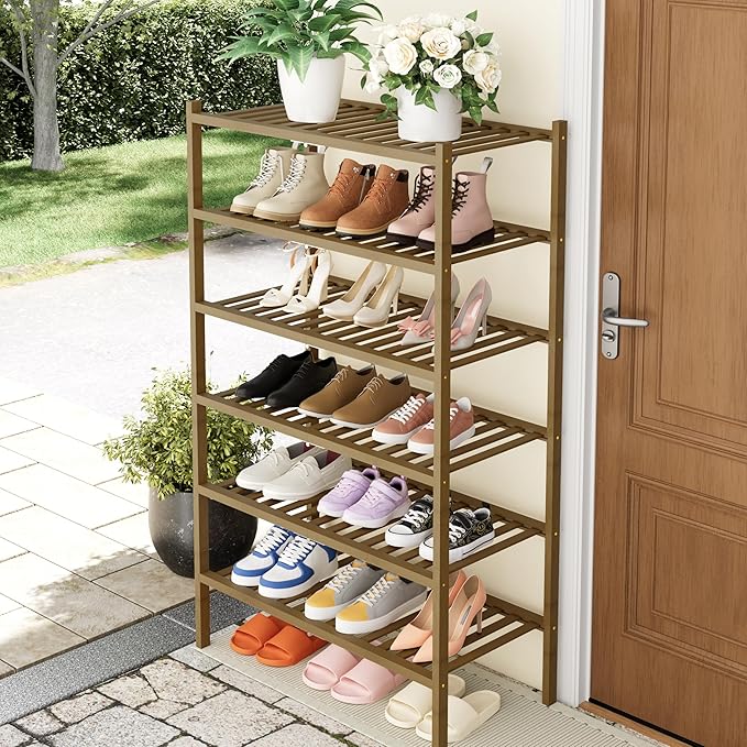 Smiry Shoe Rack, 6 Tier Thick Bamboo Shoe Organizer, Stackable Free Standing Wooden Shoe Storage Shelf for Closet, Entryway, Front Door Entrance, Walnut-NeatNest