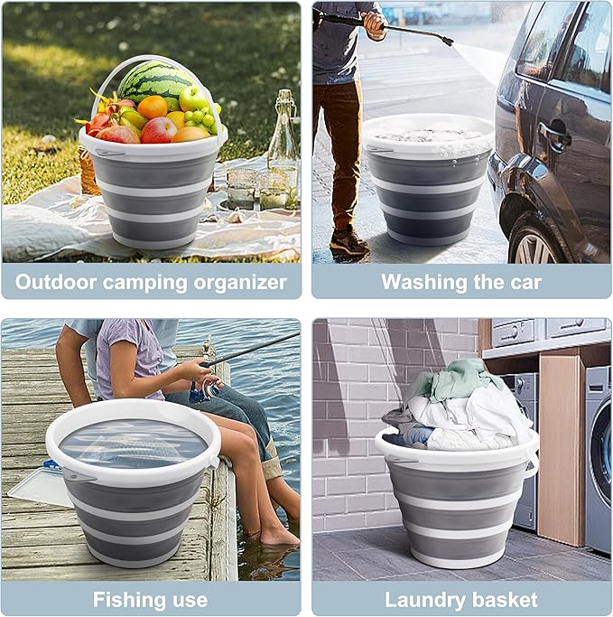 2-Pack Collapsible Bucket 2.6 Gal/10L, BPA-Free - Space-Saving, Portable Foldable Water Pail for Versatile Use, Home, Outdoors, Car Wash, Camping, Fishing - Grey