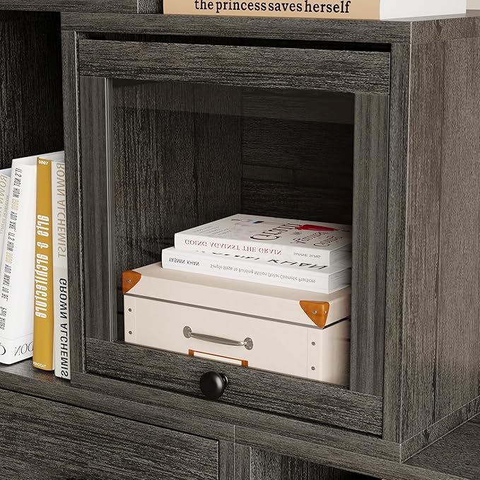 FUSUNBAO Magic DIY Cube Storage Organizer Stackable Cubes for Home Books Clothes Toy-Modular Cubby Storage System-Office Cubical-Bookcase Closet(French Oak, Glass Door Cube)-NeatNest