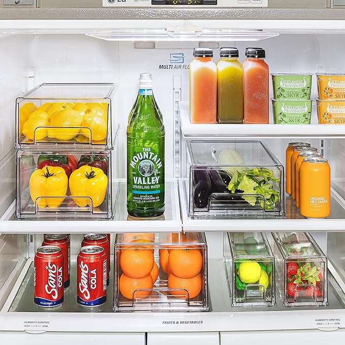 Sorbus Fridge Drawers - Clear Stackable Pull Out Refrigerator Organizer Bins - Food Storage Containers for Kitchen, Freezer, Vanity & Fridge (3 Pack | 1 Medium, 2 Small Stackable Drawer Bins)