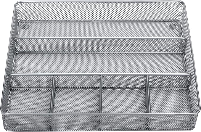 Annova Desk Top Organizer Tray for Office Organization - Metal Mesh - Storage Tray with Dividers for Pens, Desktop Accessories, Bathroom, Kitchen, Makeup and Office Supplies (Large, Silver)-NeatNest