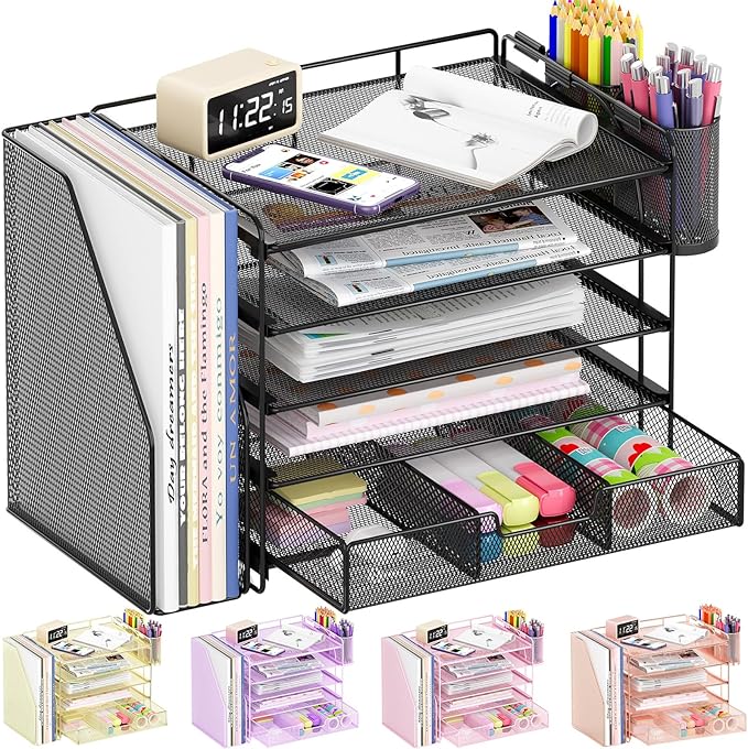 Desk Organizers and Accessories, 5-Tier Paper File Organizer with Drawer & Pen Holder, Office Desk Accessories Workspace Desktop Organizer for Office Supplies(Black)-NeatNest