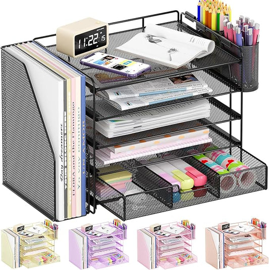 Desk Organizers and Accessories, 5-Tier Paper File Organizer with Drawer & Pen Holder, Office Desk Accessories Workspace Desktop Organizer for Office Supplies(Black)-NeatNest