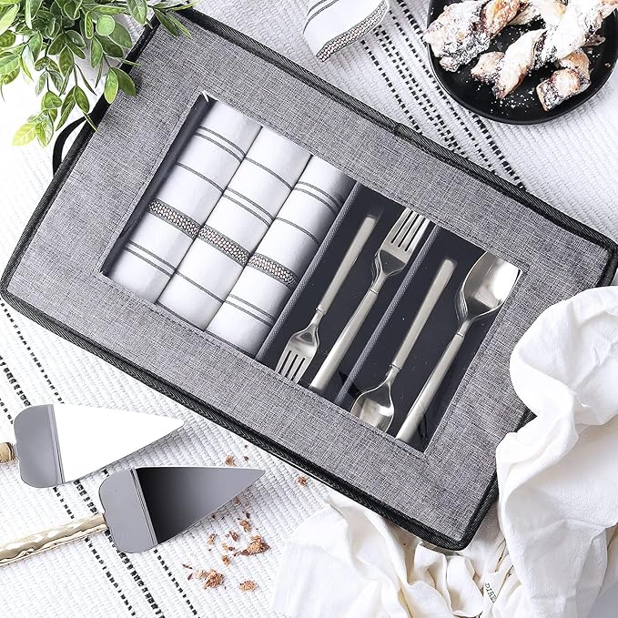 Flatware & Utensil Storage, Durable Silverware Storage Box with Padded Dividers, 5 Compartment Flatware Storage Case, Silverware Case with Handles, Protects and Organizes Cutlery, Grey-NeatNest