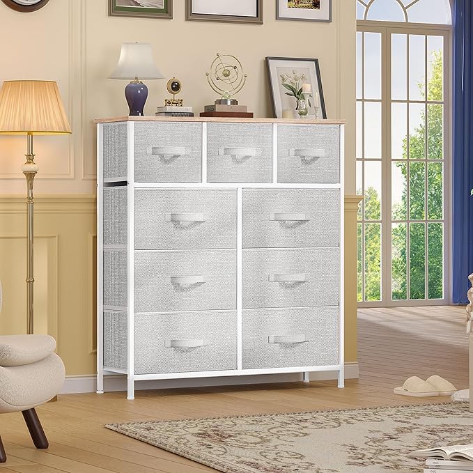 DWVO 9 Drawer Dresser, Light Gray Fabric Storage Tower, Tall Organizer Unit for Room, Living Room, Hallway, Closets - Sturdy Steel Frame, Wooden Top & Easy Pull Bins-NeatNest