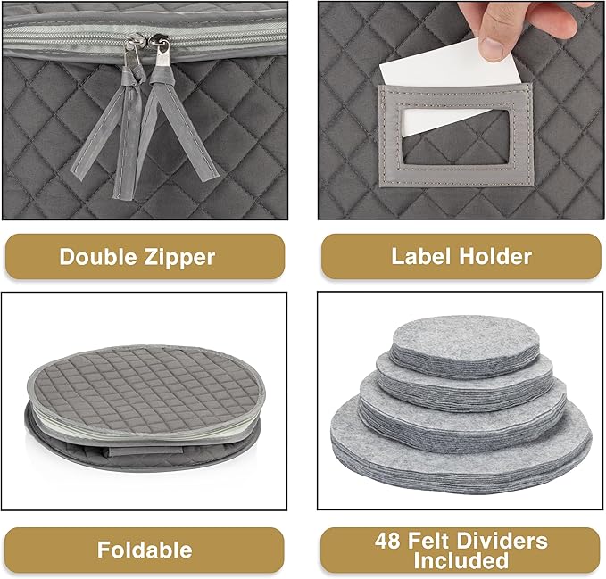 Fine China Storage - Set of 4 Quilted Cases for Dinnerware Storage. Sizes: 12" - 10" - 8" and 7" Wide - Gray - 48 Felt Plate Separators Included-NeatNest