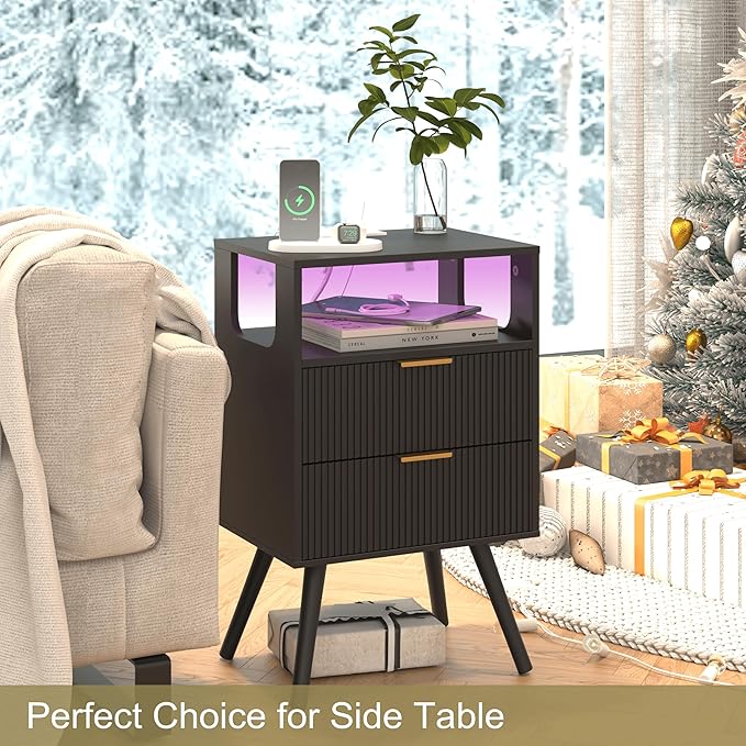 Black Nightstand with Charging Station and LED Lights,Modern Bedside Table with 2 Storage Drawer and Open Wood Shelf, for Bedroom and Small Spaces,Night Stand with Solid Wood Legs,Black-NeatNest