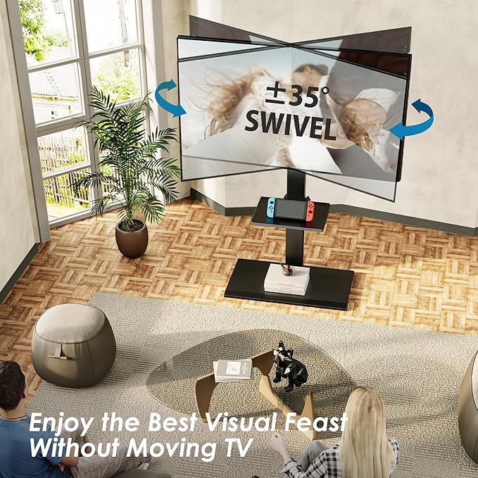 FITUEYES Floor TV Stand Iron Base with Swivel Mount for 50-85 Inch Large LCD/LED TVs Adjustable Shelf Tall Corner TV Stands for Bedroom and Living Room Hold Up to 110 lbs Black