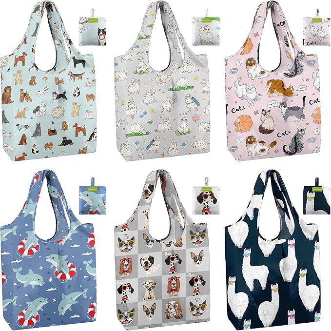 BeeGreen Reusable Grocery Bags 6 Pack, Heavy Duty Totes for Women, Foldable Grocery Bag Large Shopping Totes with Handles for Work, Travel, Gift, Store, Polyester Washable Reusable Tote Bag-NeatNest