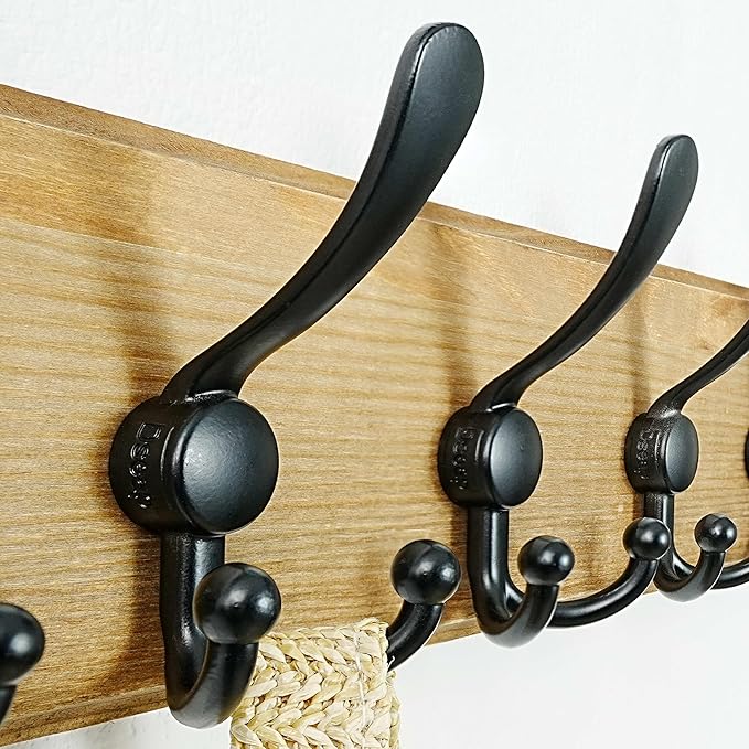 Dseap Coat Rack Wall Mount - Heavy-Duty Robust Barnwood-Style Wooden Wall Coat Hanger Hook Rail with 5 Triple Hooks for Winter Coats Hat Jacket Clothing, Weathered Brown & Black, Pack of 2
