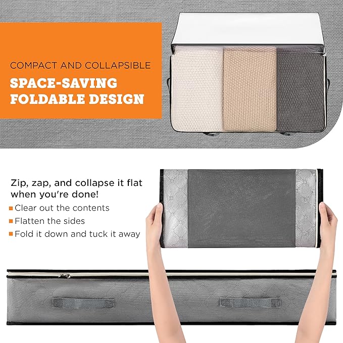 storageLAB Under Bed Storage Containers - Foldable Closet Organizer with Clear Top, Sturdy Handles - 7L Capacity Storage Box for Clothing, Comforter, Blanket, and Shoe - 2 Pack, Soft-Sided, Gray-NeatNest