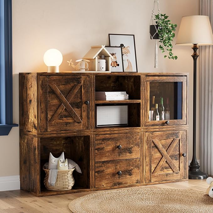 FUSUNBAO Magic DIY Cube Storage Organizer Stackable Cubes for Home Books Clothes Toy -Modular Cubby Storage System-Office Cubical-Bookcase Closet(Antique Brown,Cat Door Cube)-NeatNest
