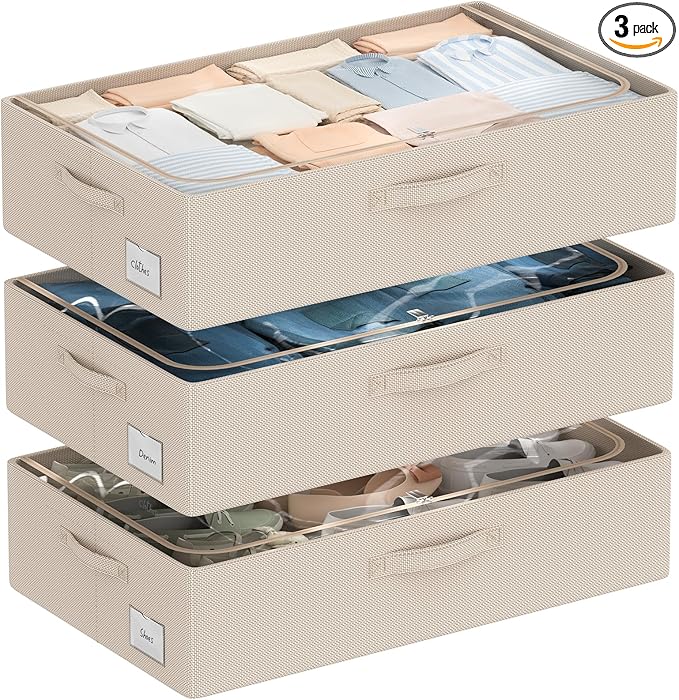 3Pcs Under Bed Storage Bins with Metal Frame - Shoe Organizer for Closet with Clear Cover Oxford Fabric Sturdy Underbed Container Foldable Stackable Clothes Organizer (Beige, 23.5x15.7x6.3)-NeatNest
