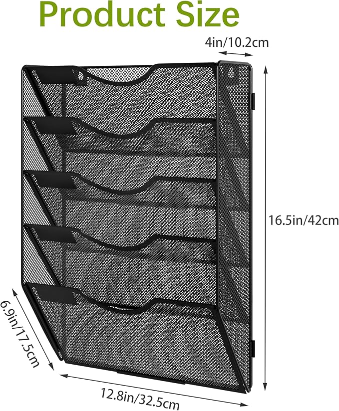 EasyPAG 5 Pocket Wall File Organizer, Black | Metal Mesh Wall Mounted File Holder | Assembly Hanging Mail Organizer | Replaceable Classify Labels | Office Home Letter Size Paper Storage
