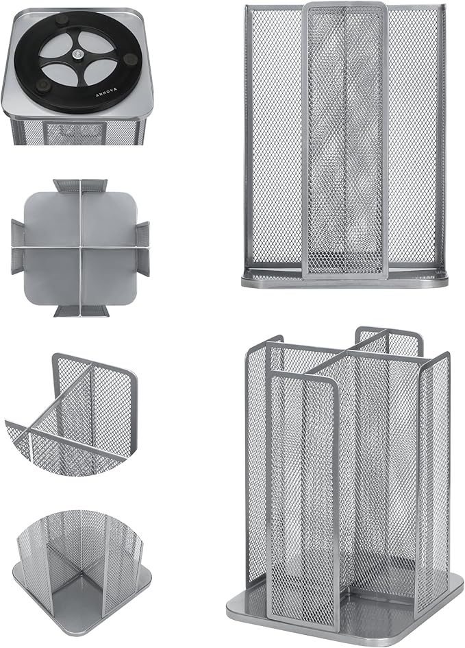 Annova Paper Cup and Lid Holder Plastic Cup Storage Organizer, 360°Rotating Coffee Cup Dispenser with 4 Compartments, Multifunctional Cup Storage Rack for Home, Office, Bar, Coffee Shop (Silver)-NeatNest