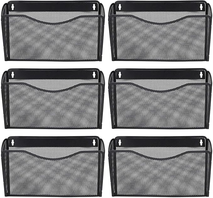 EASEPRES 6 Single Pocket Mesh Hanging File Organizer, Vertical Wall Mounted Magazine File Holder, Mount Basket Mail Paper Document Folder Organizing for Office, Home and School, Black