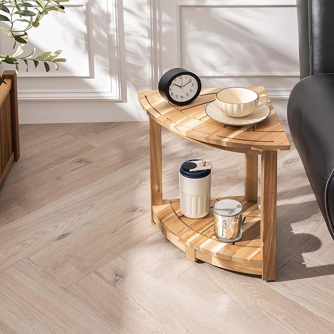 Acacia Corner Shower Stool, Waterproof Spa Foot Rest & Bath Bench with Storage Shelf & Soap Dish, Ideal for Bathroom, Shaving Legs, or as Small Corner Table/Step Stool (Light Natural)