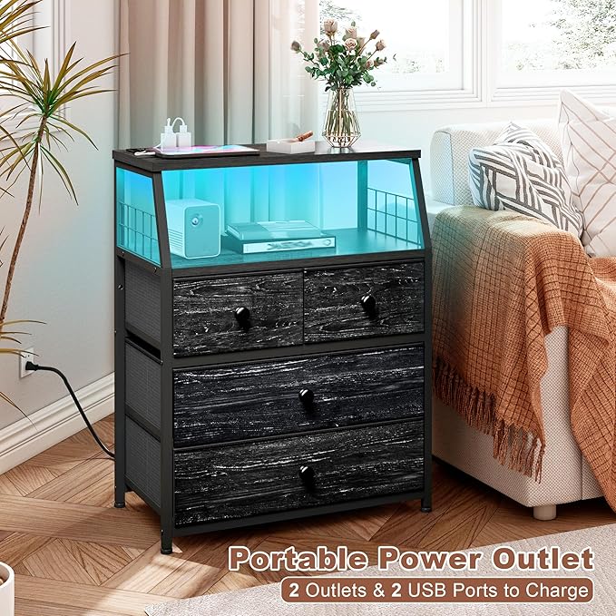 EnHomee Nightstand with Charging Station & LED Lights, 21.8" W Bedside Table with 4 Fabric Drawers, Night Stand with Outlets and 2 Ports for Bedroom, Table with Wood Shelf, Black