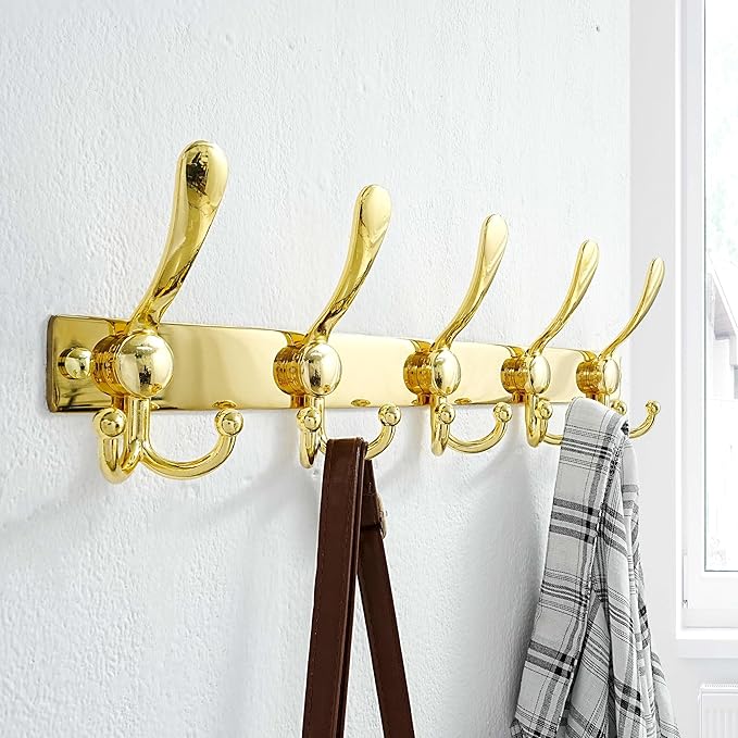 Dseap Coat Rack Wall Mount 2.0 Pro: Heavy Duty 300% Thicker, 16" Stud Mount, Stainless Steel Wall Coat Hooks Hanger for Clothes Jackets Hats Entryway Closet, MaxStrong Series, Gold