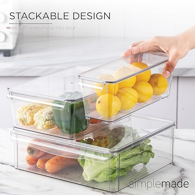 SIMPLEMADE Clear Refrigerator Organizer Bins - Clear Bins for Fridge, Containers for Fridge and Freezer, Multipurpose Storage for Kitchen, Office, Bathroom, Pack of 3 (Design 2)
