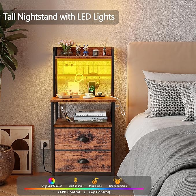 Furologee 40'' Tall Nightstand with Charging Station, Bedside Table with LED Lights, End Table with 2 Drawers and Storage Shelves, Night Stand with Pegboard for Bedroom, Rustic Brown