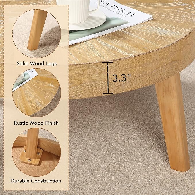 Farmhouse Round Coffee Table Set of 3, Boho Sofa Side Nesting Tables End Table Set with Wood Natural Finish for Living Room, Bedroom, Home Office,Natural