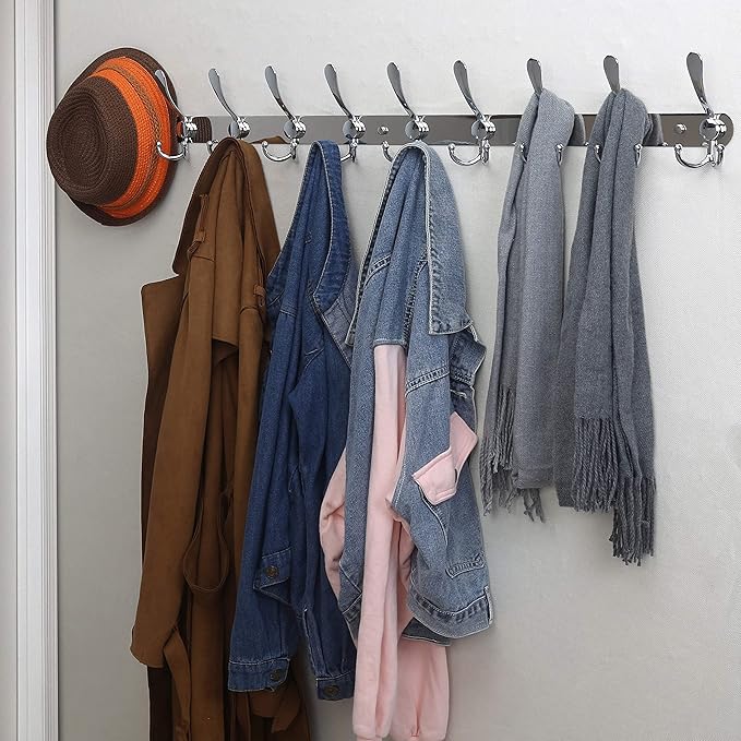 Dseap Coat Rack Wall Mount - 38” Long 10-Tri-Hooks Heavy Duty Coat Hanger Rail Wall Hooks for Hanging Coats Hats Clothing Clothes Purse Mudroom Entryway, Chromed-NeatNest