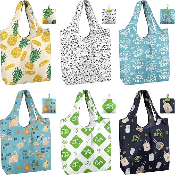 BeeGreen Reusable Grocery Bags 6 Pack, Heavy Duty Totes for Women, Foldable Grocery Bag Large Shopping Totes with Handles for Work, Travel, Gift, Store, Polyester Washable Reusable Tote Bag-NeatNest