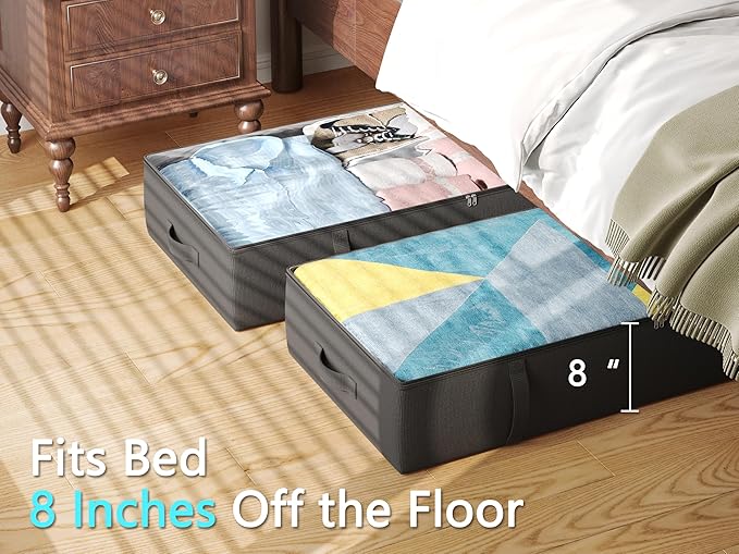 2-Pack Under Bed Storage Containers, 8 Inches Tall Underbed Clothes Storage Organizer Bin with Sturdy Sidewalls/Bottom, Under the Bed Storage Bags 2 Storage Bins, Black-NeatNest