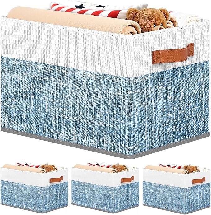 Fab totes Collapsible Storage Baskets for Shelves,14"x10", 4 Pack Foldable Fabric Storage Bins with Double Leather Handles, Large Baskets for Organizing Books, Clothes, White & Blue