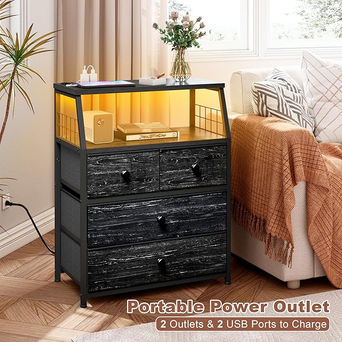 EnHomee Nightstand Set of 2, Night Stand with Charging Station & LED Lights, Bedside Table with 4 Fabric Drawers for Bedroom, Side Table with Outlets and 2 Ports, Black
